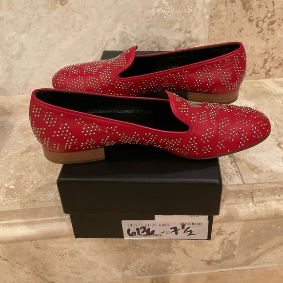 SAINT LAURENT RED SILVER STUDDED LOAFERS SIZE 37.5 - Picture 4 of 4
